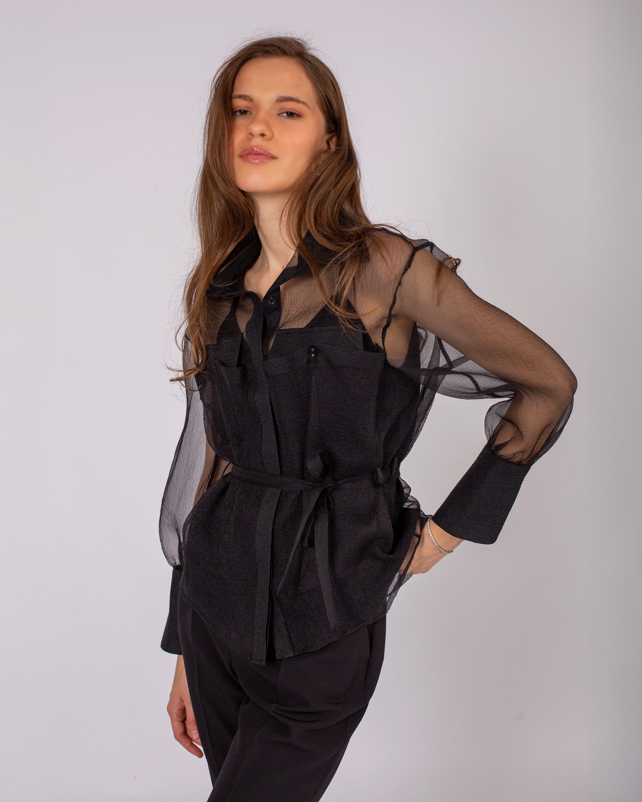 Gömlek Yaka Cep Detaylı İçi Astarlı Şifon Bluz