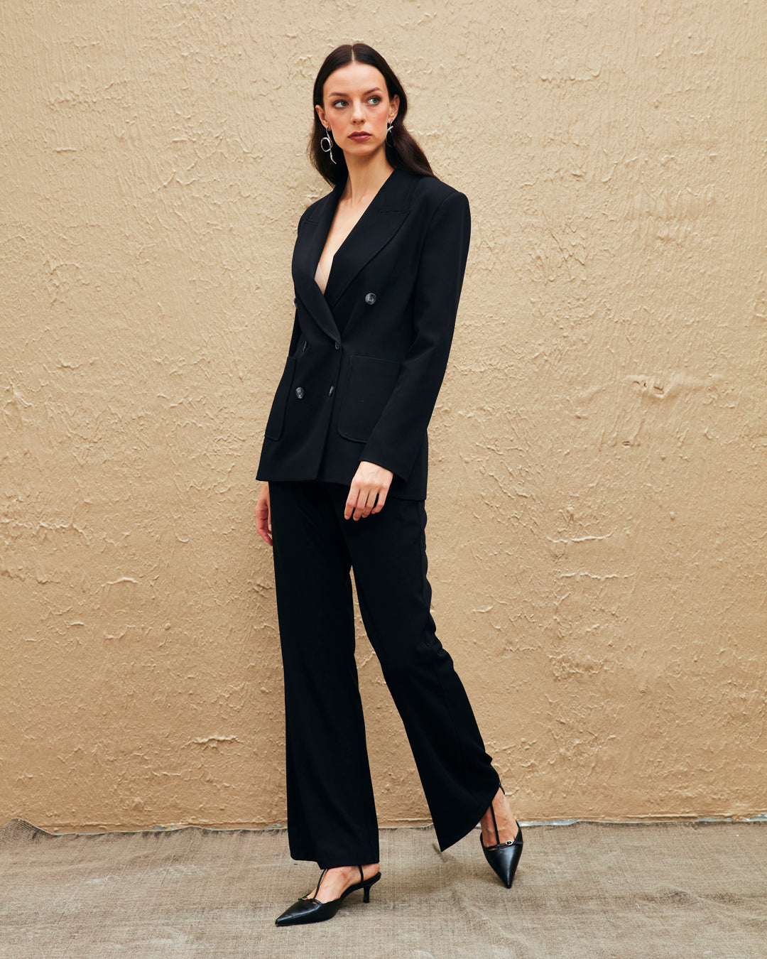 Kruvaze Yaka Düğme Detaylı Ceket - Pantolon Takım