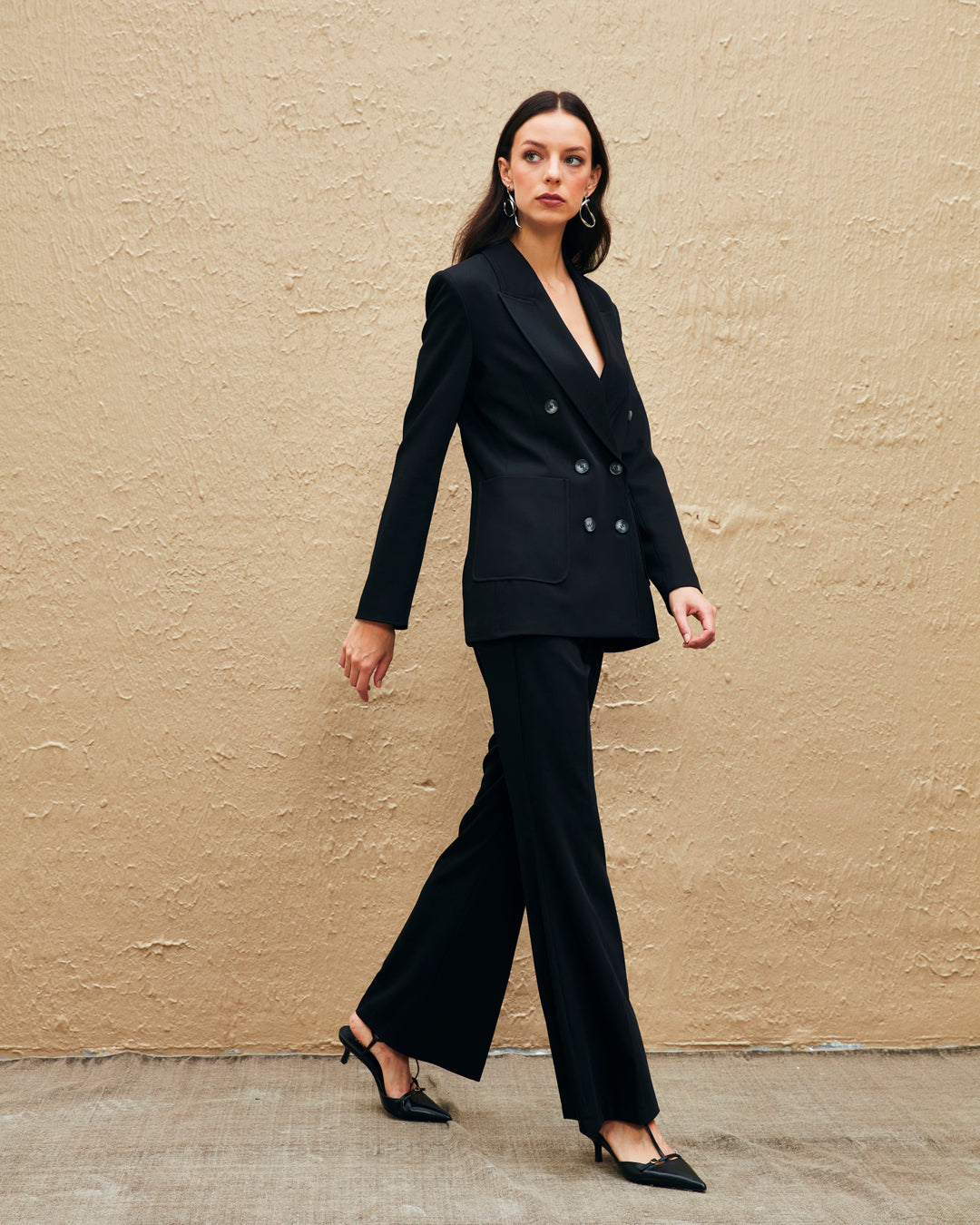 Kruvaze Yaka Düğme Detaylı Ceket - Pantolon Takım