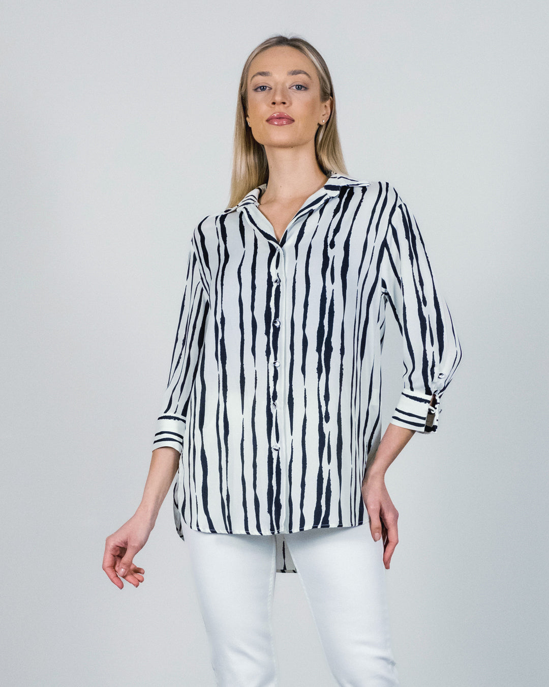 Shirt Collar Striped Buttoned Blouse