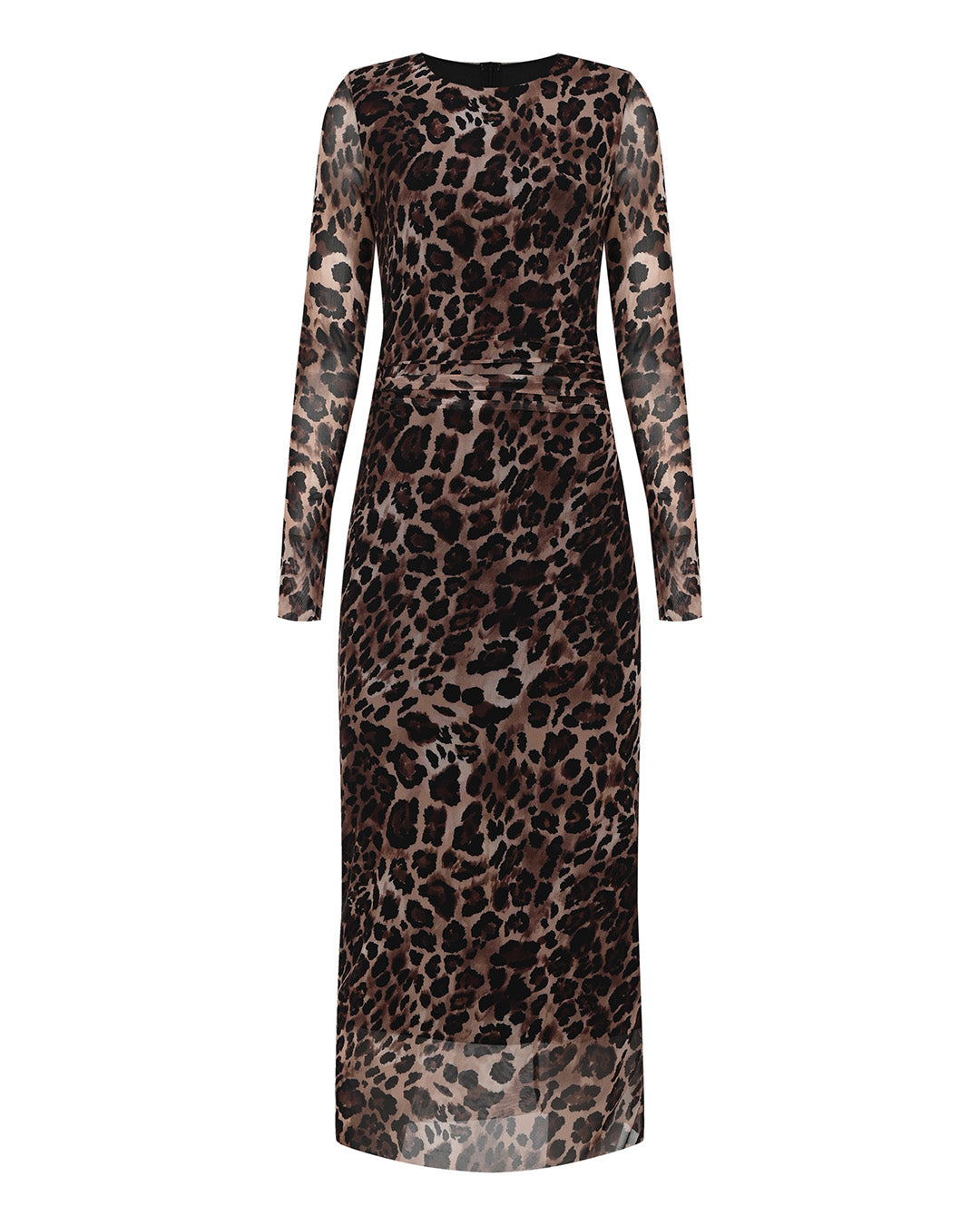 Round Neck Leopard Patterned Sleeves Chiffon Dress