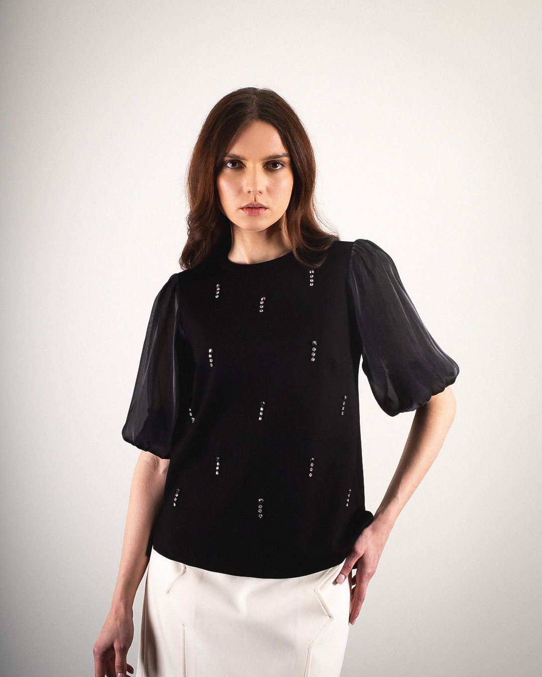 Stone Embroidered Blouse with Sleeve Detail