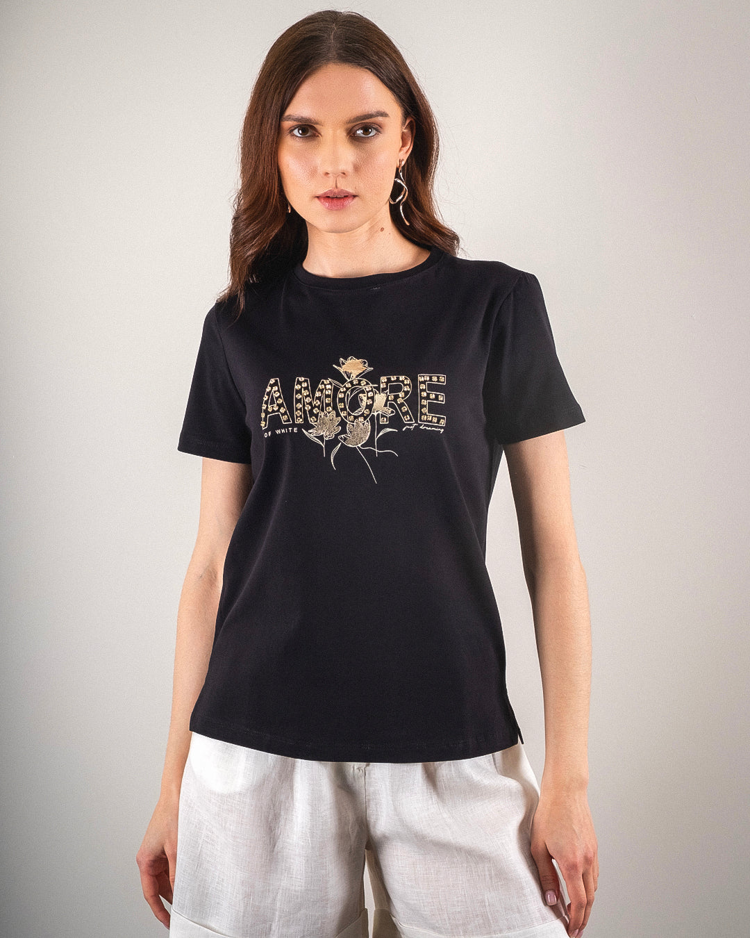 Round Neck AMORE Print Detailed T-Shirt