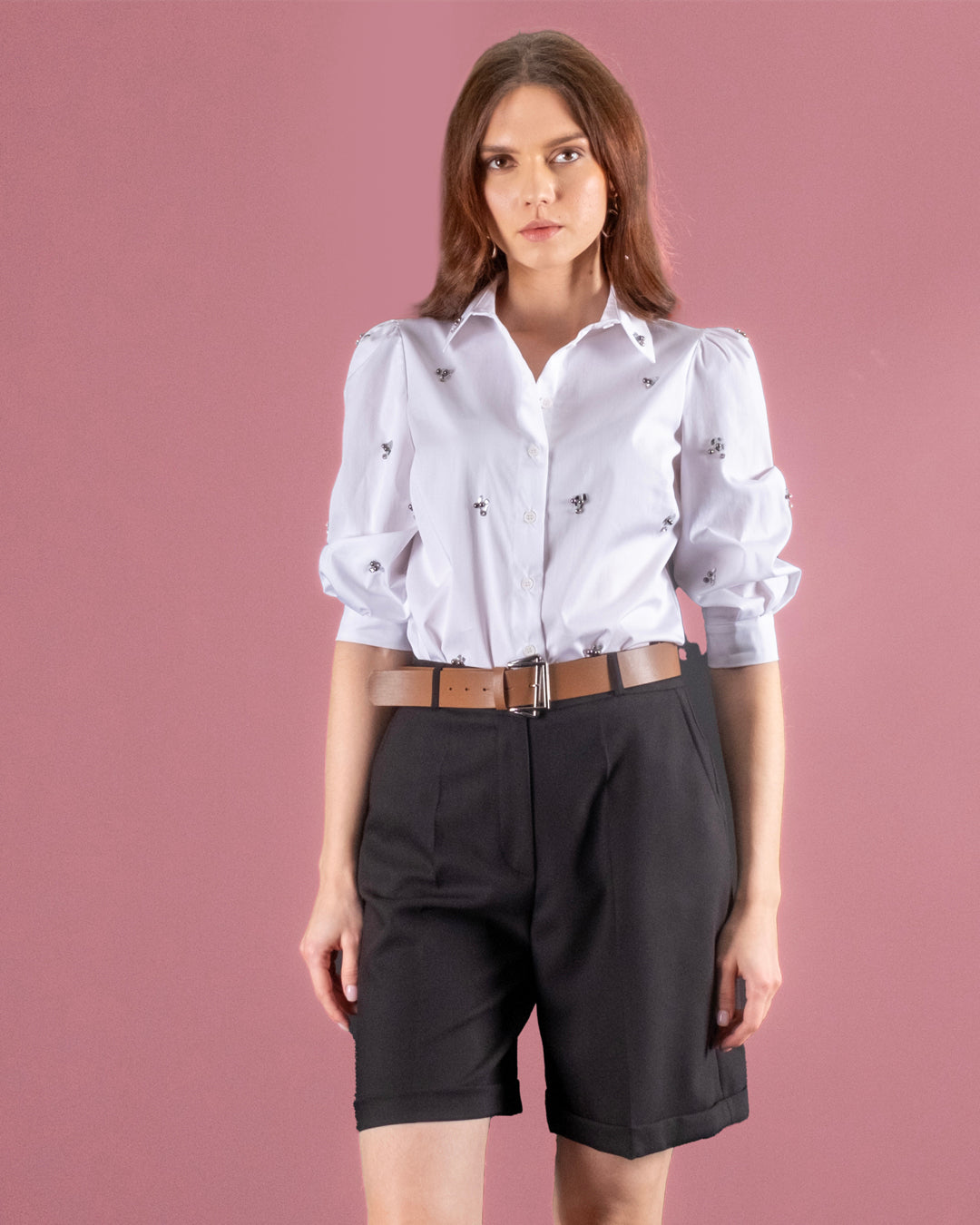 Shirt Collar Stone Detailed Button Front Blouse