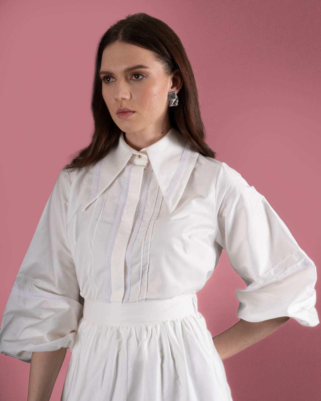 Buttoned Front Shirt with Elastic Sleeves - Ruffle Skirt Set