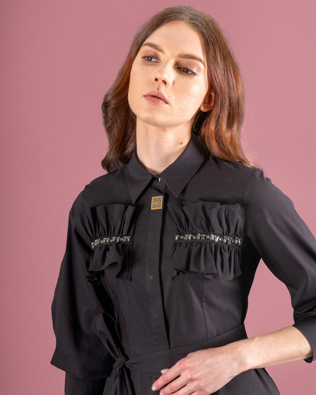 Shirt Collar Pockets Stone Embroidered Belted Dress