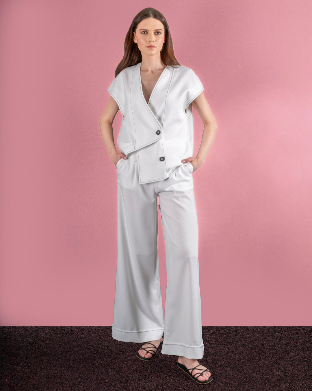 Sleeveless Shirt-Pants Set with Front and Button Detail