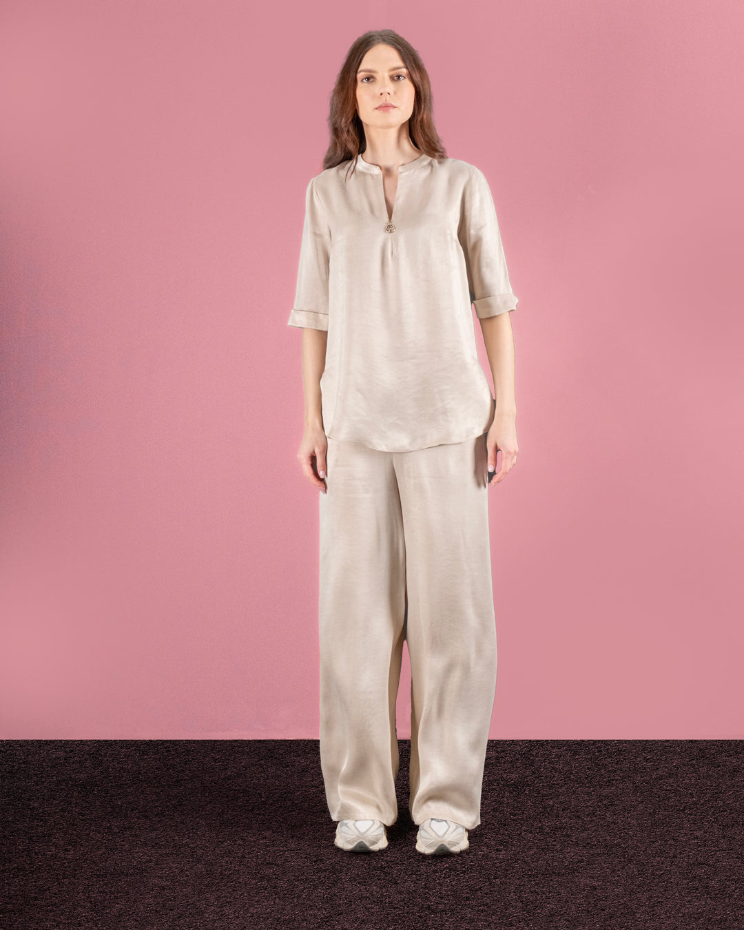 Yuvarlak Yaka Yarım Fermuarlı Kısa Kol Gömlek- Beli Lastikli Pantolon Takım