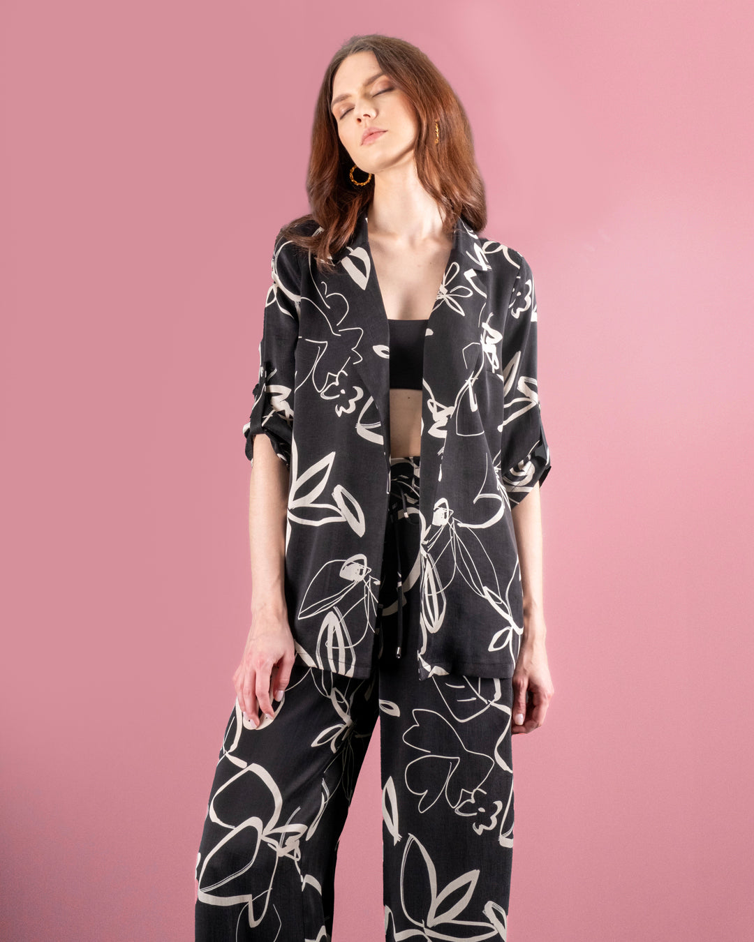 Printed Detailed Belted Jacket-Elastic Waist Trousers Set