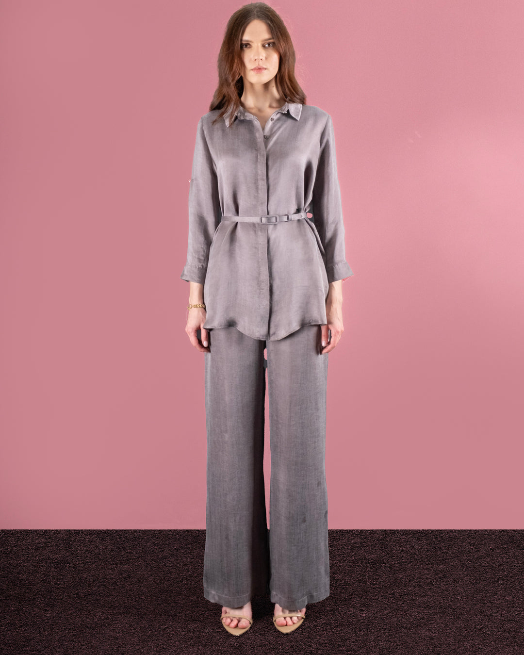 Buttoned Front Belted Shirt - Elastic Waist Trouser Set