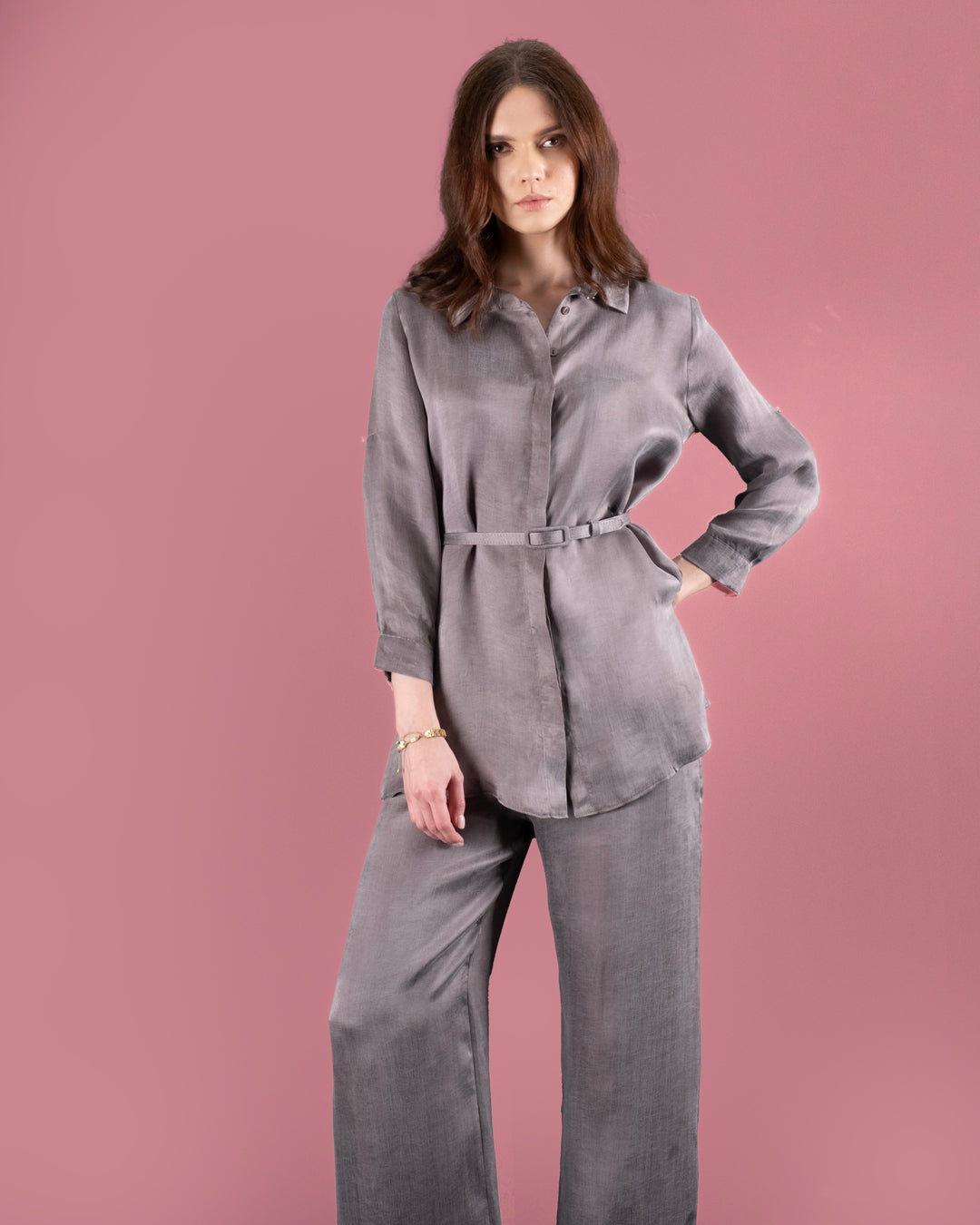 Buttoned Front Belted Shirt - Elastic Waist Trouser Set