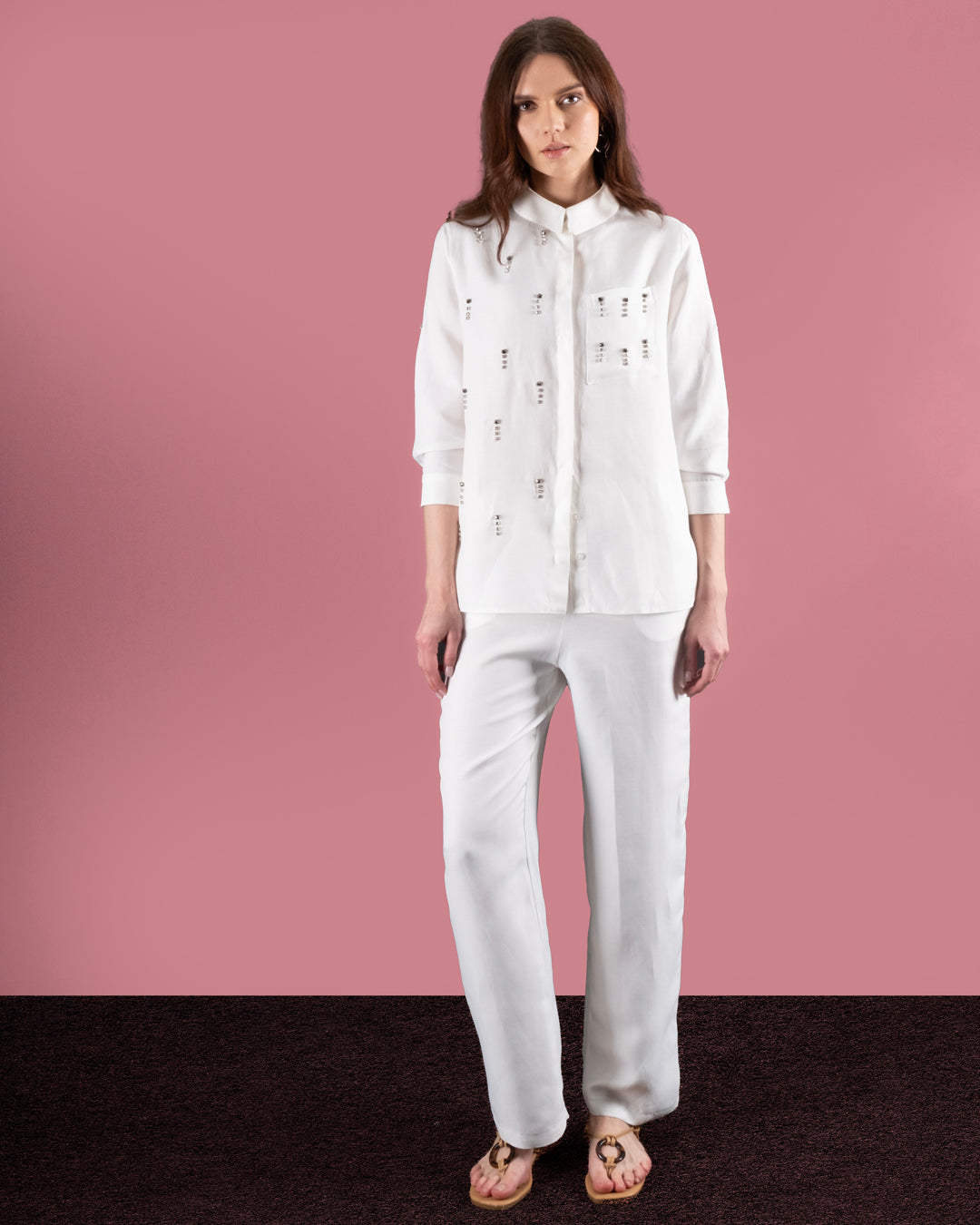 Shirt with Pockets and Stone Embroidered Front-Elastic Waist Trousers Set