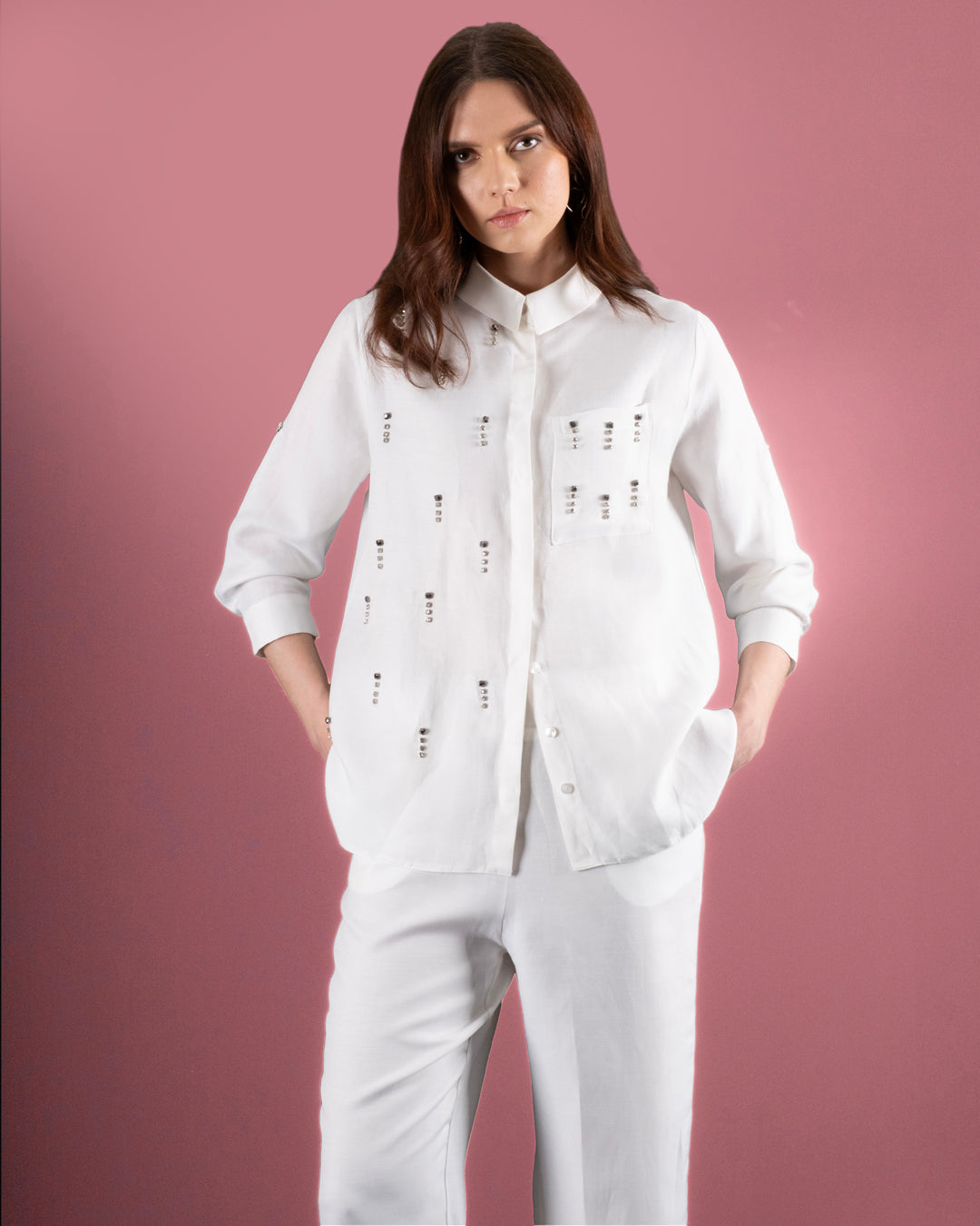 Shirt with Pockets and Stone Embroidered Front-Elastic Waist Trousers Set