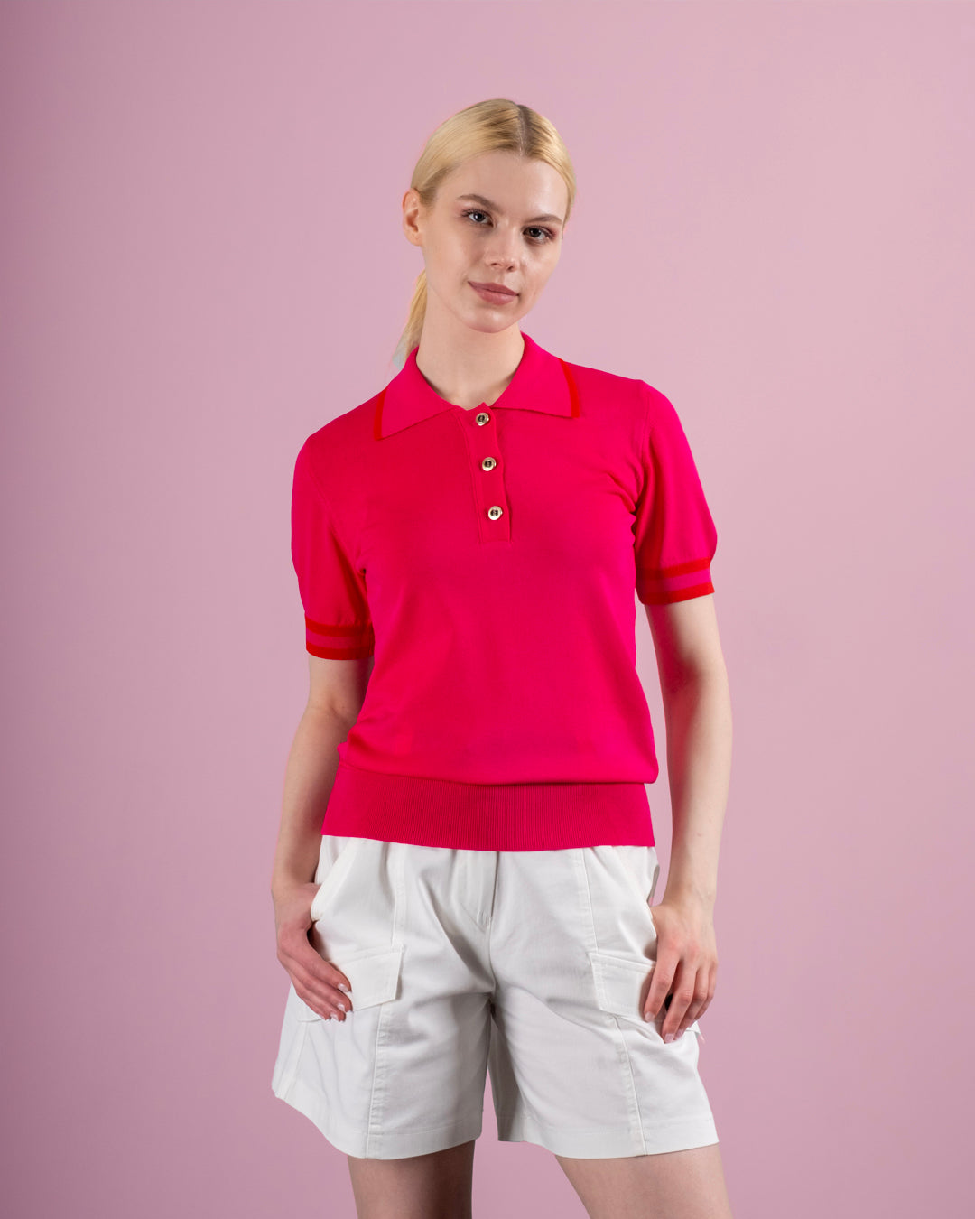 Polo Neck Button Front Short Sleeve Fine Knit Blouse