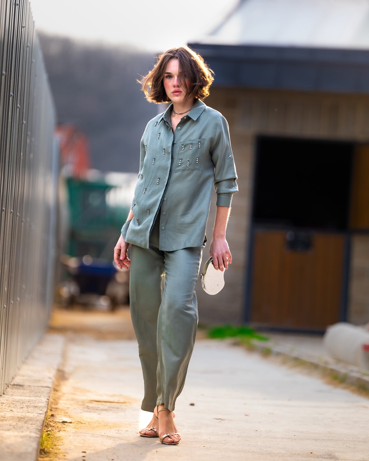 Shirt with Pockets and Stone Embroidered Front-Elastic Waist Trousers Set