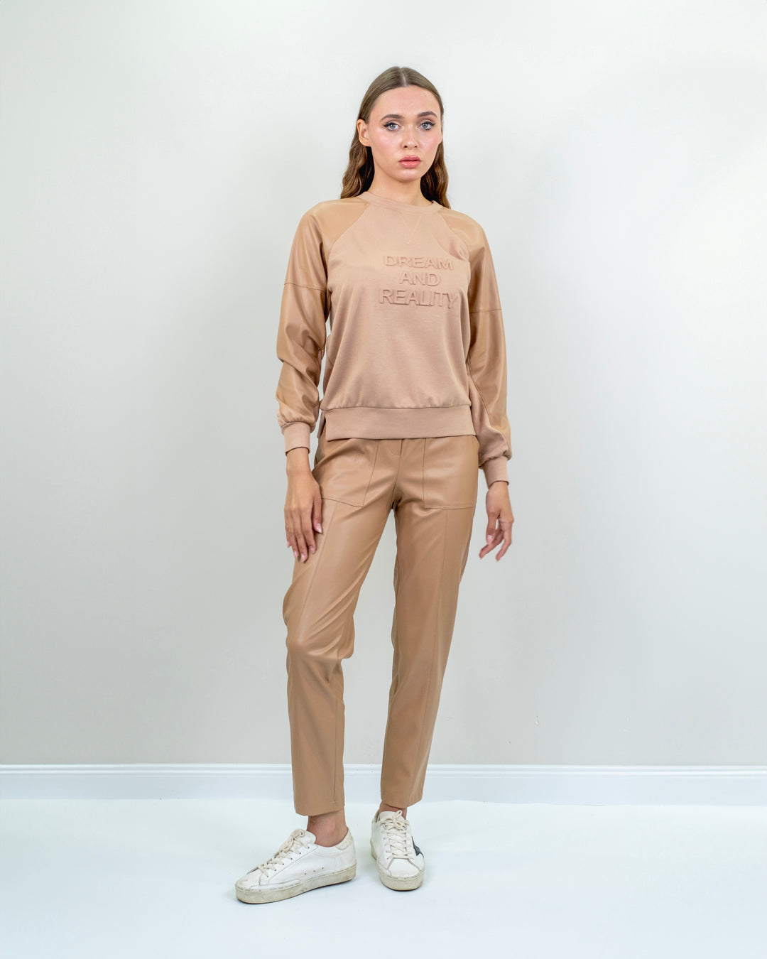 Round Neck Sleeves Leather Sweatshirt - Trouser Set