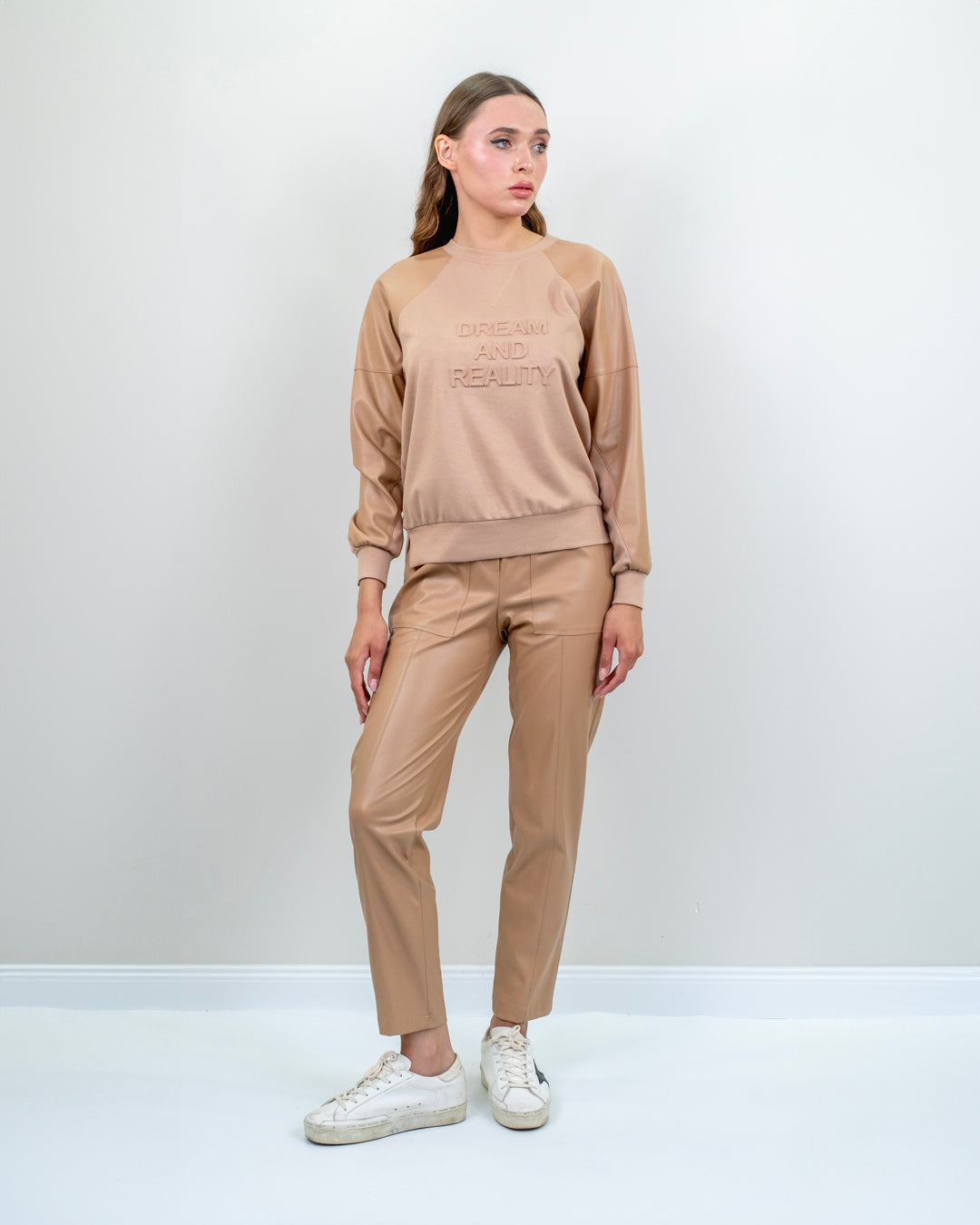 Round Neck Sleeves Leather Sweatshirt - Trouser Set