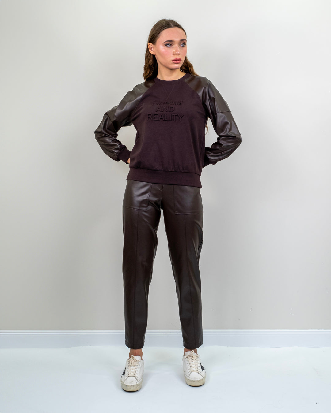 Round Neck Sleeves Leather Sweatshirt - Trouser Set