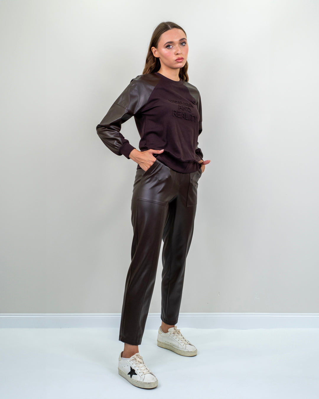 Round Neck Sleeves Leather Sweatshirt - Trouser Set