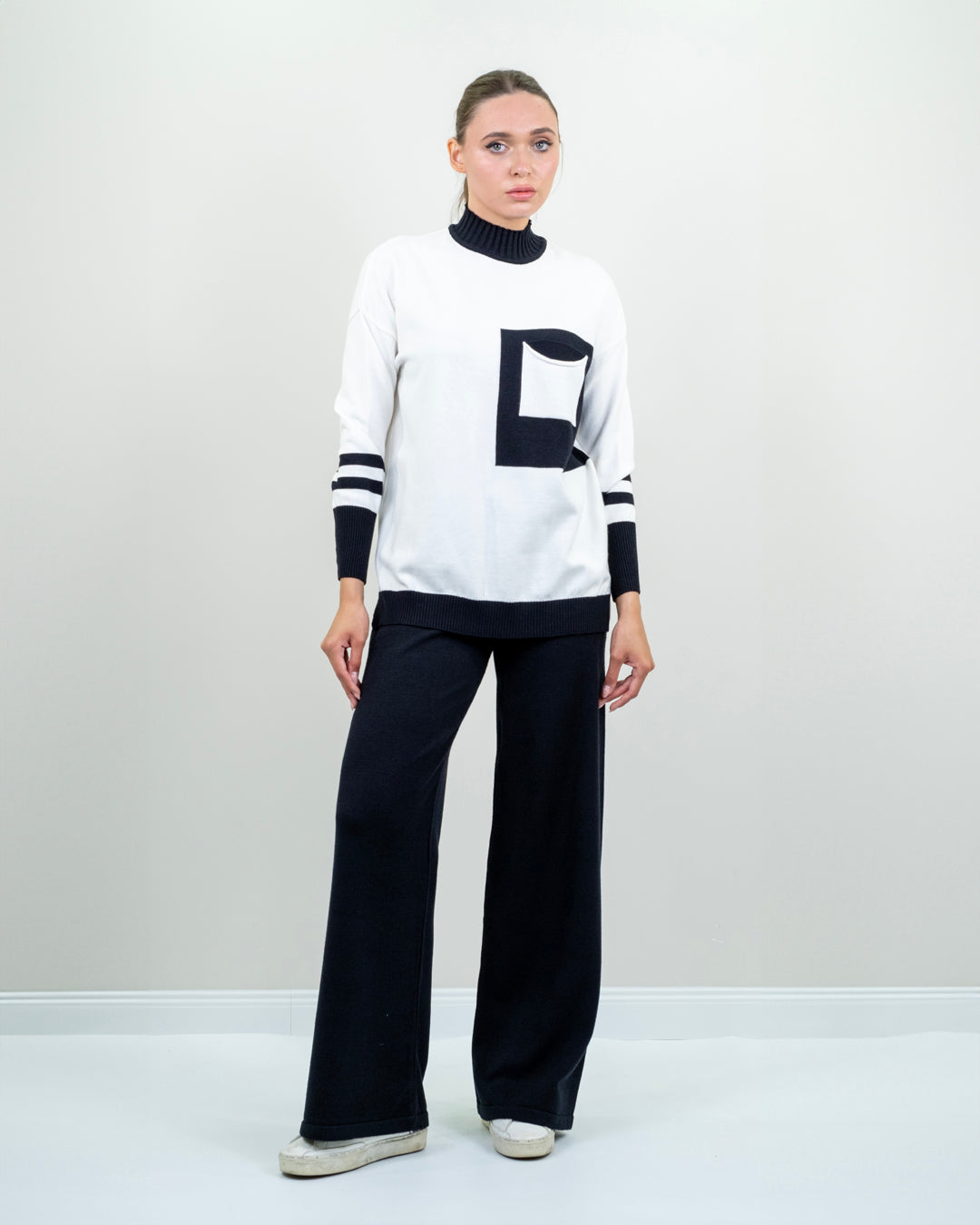 Half Turtleneck Knitwear Sweater with Pockets - Trouser Set