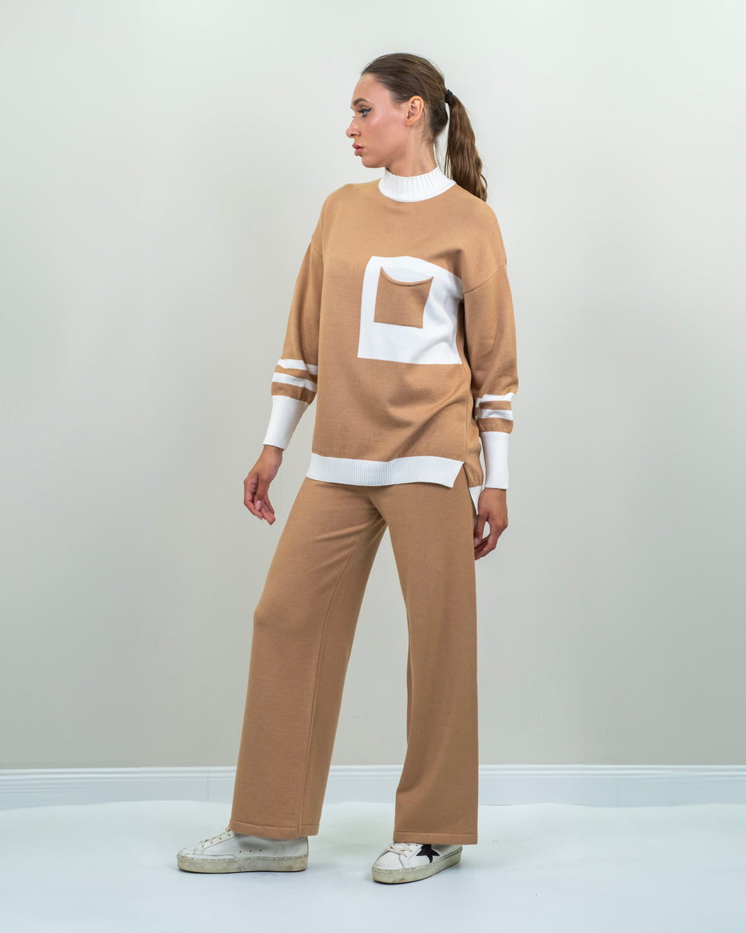 Half Turtleneck Knitwear Sweater with Pockets - Trouser Set