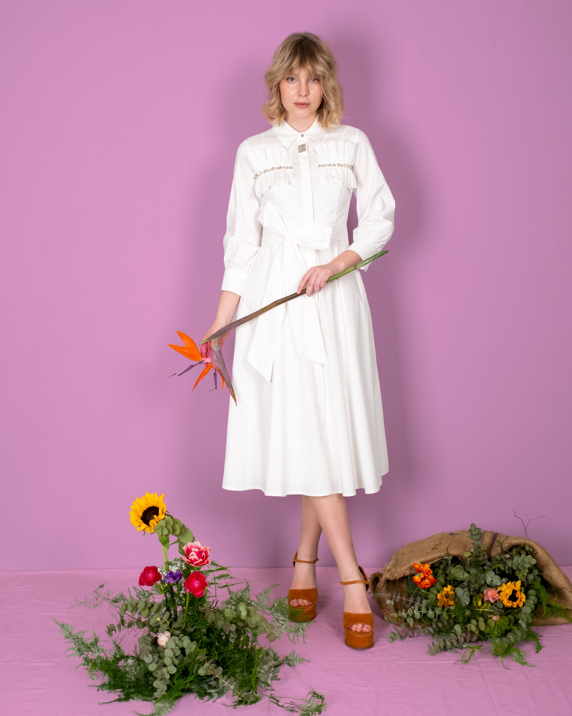 Shirt Collar Pockets Stone Embroidered Belted Dress