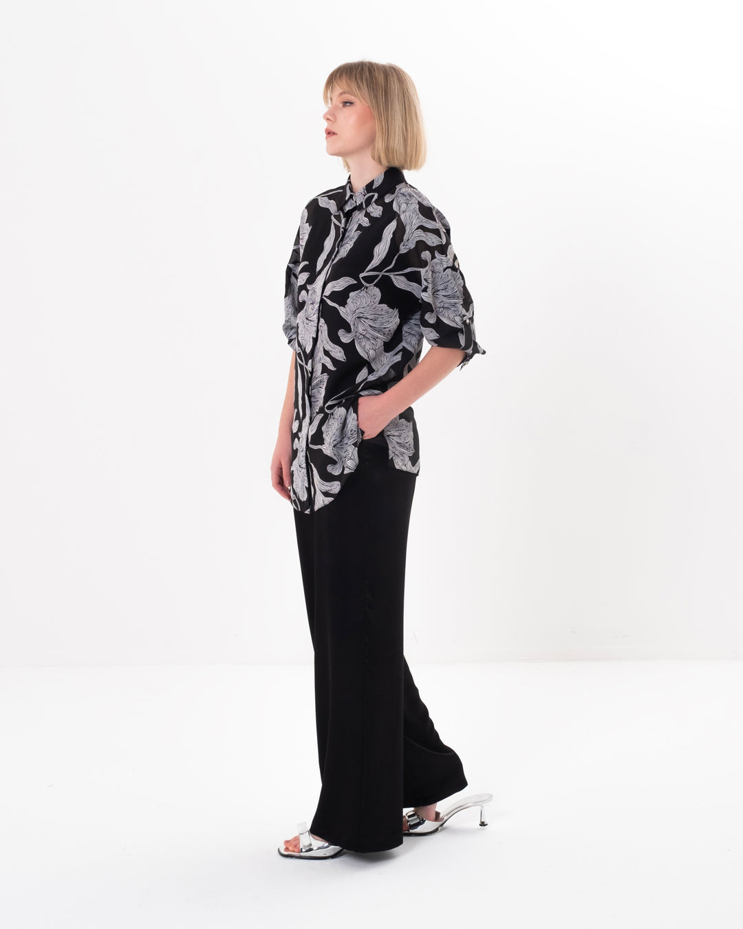 Floral Print Detailed Blouse - Undershirt - (Elastic Waist) Trousers (Triple) Set