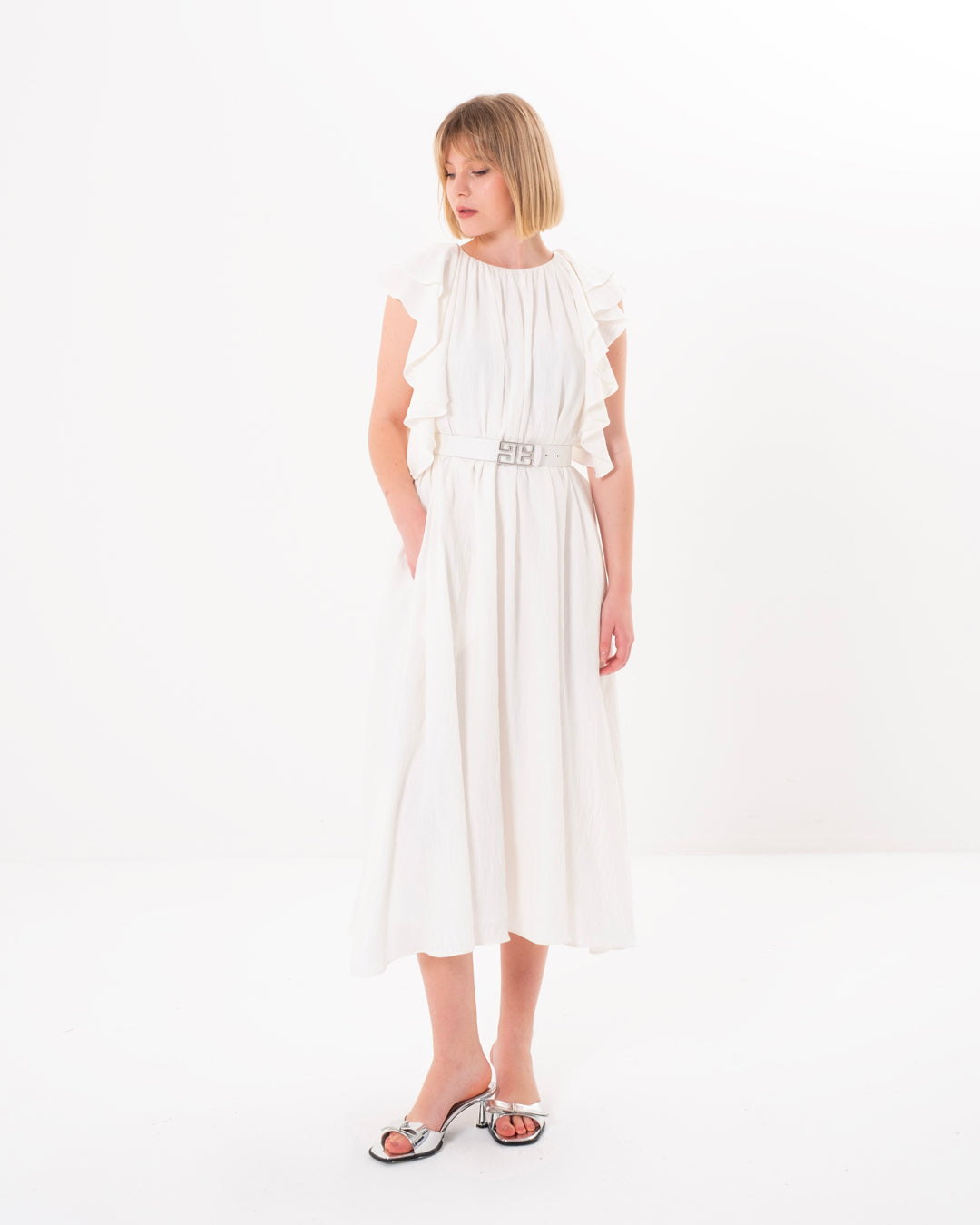 Belted Dress with Flounce Sleeves and Lined Inside