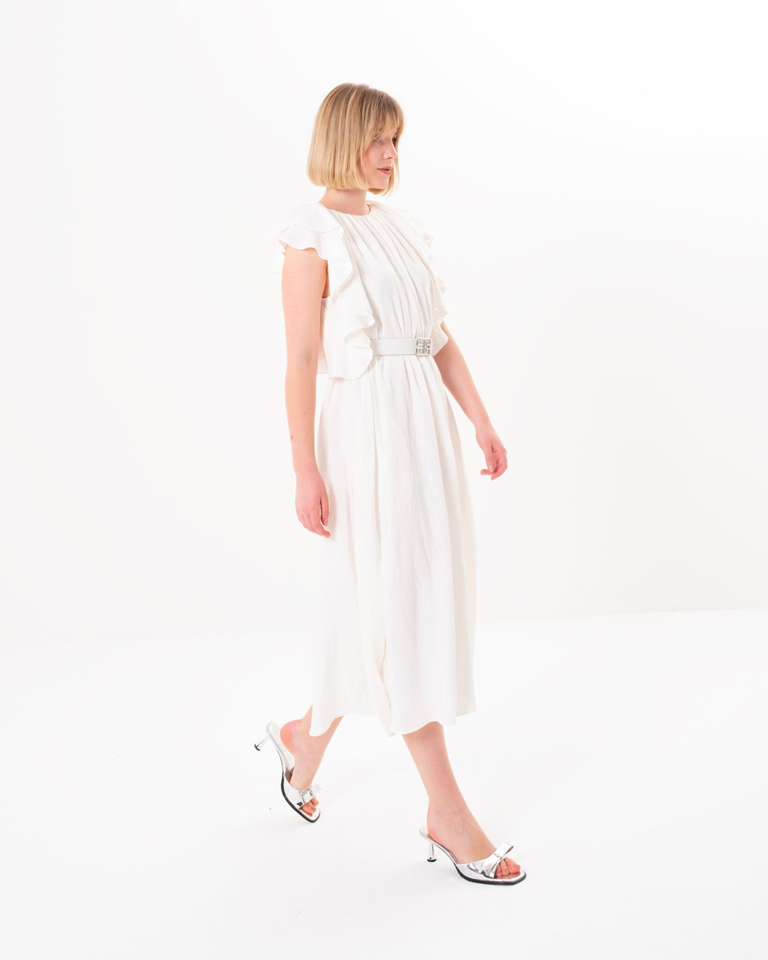 Belted Dress with Flounce Sleeves and Lined Inside