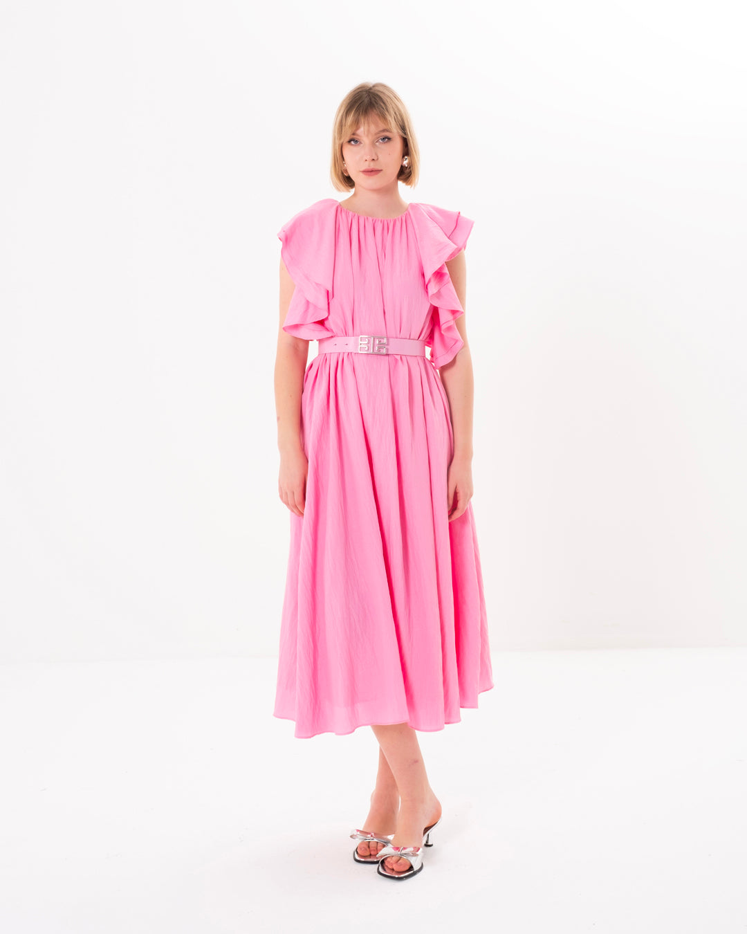 Belted Dress with Flounce Sleeves and Lined Inside