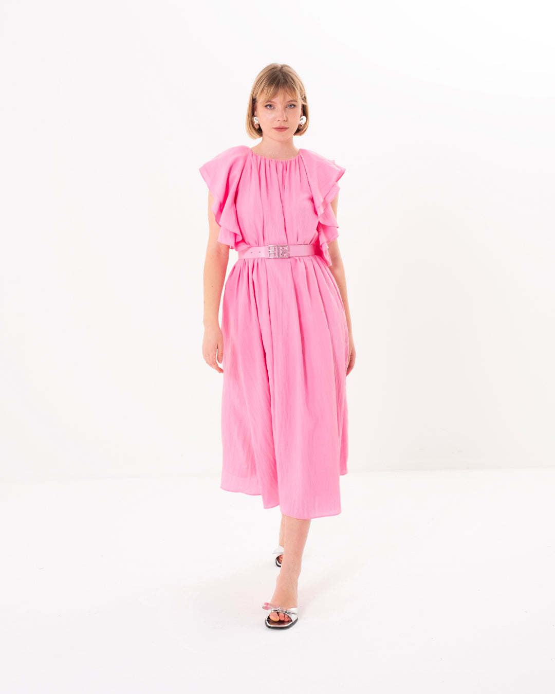 Belted Dress with Flounce Sleeves and Lined Inside