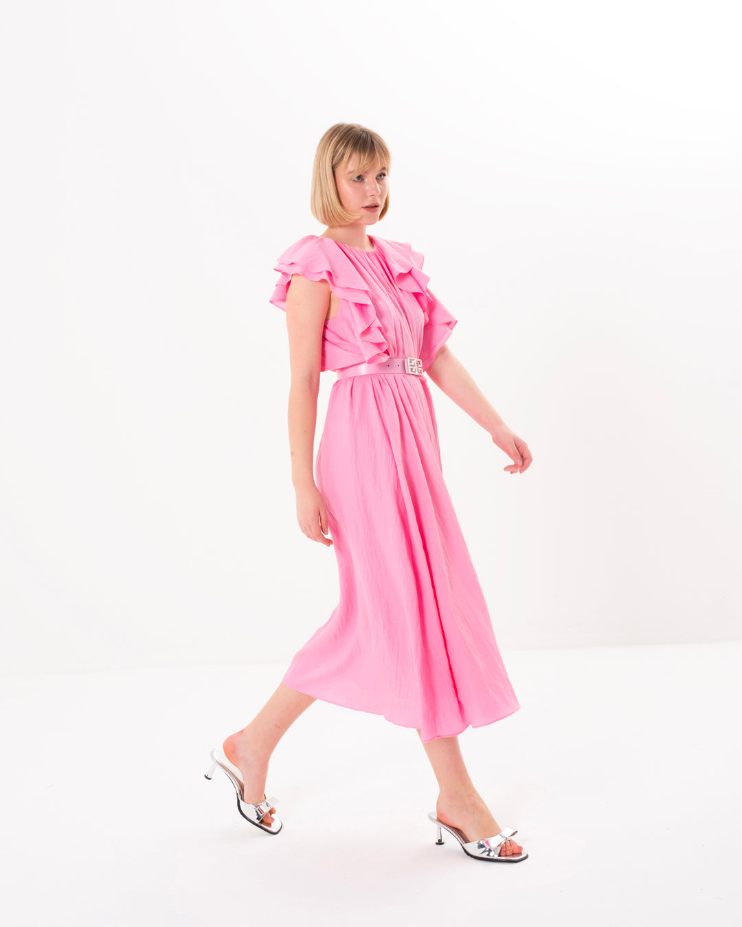 Belted Dress with Flounce Sleeves and Lined Inside