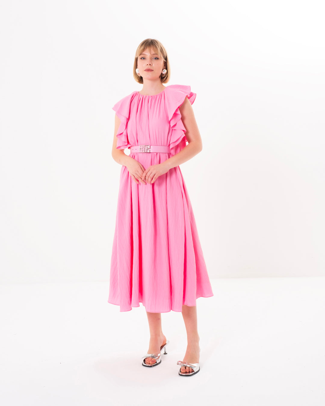 Belted Dress with Flounce Sleeves and Lined Inside