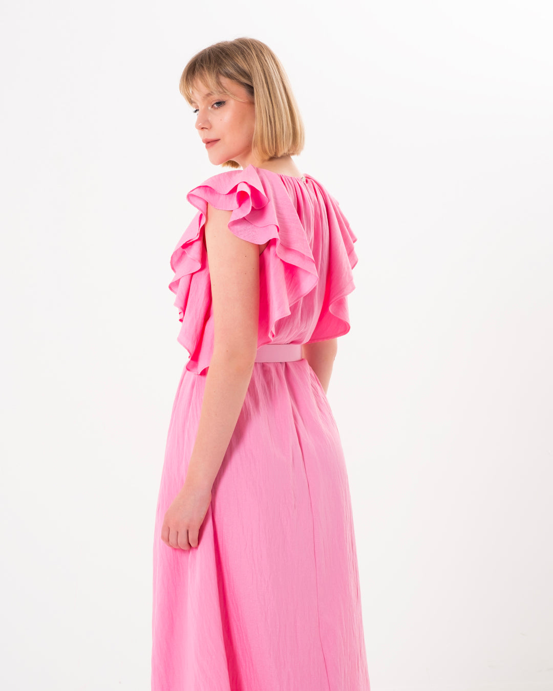 Belted Dress with Flounce Sleeves and Lined Inside