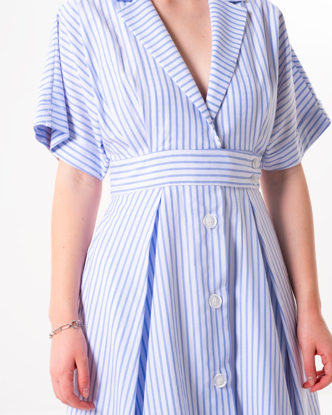 Button Detailed Front Lined Striped Dress