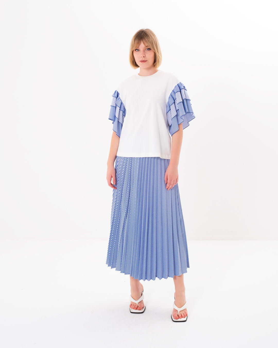 Round Neck Sleeves Ruffle Blouse - Skirt Set