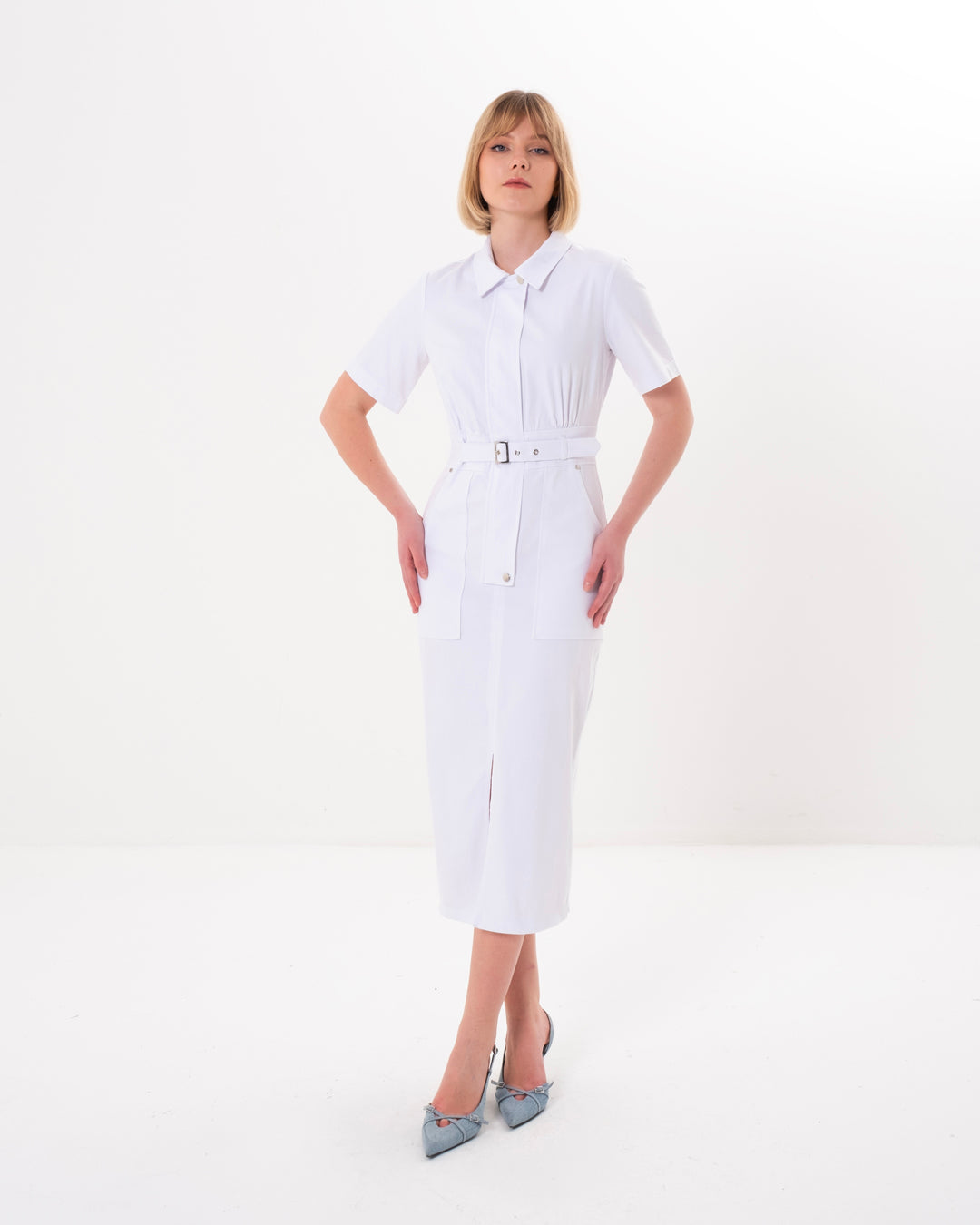 Shirt Collar, Front Pleat-Zipper, Self-Belt at Waist, Short Sleeve Dress