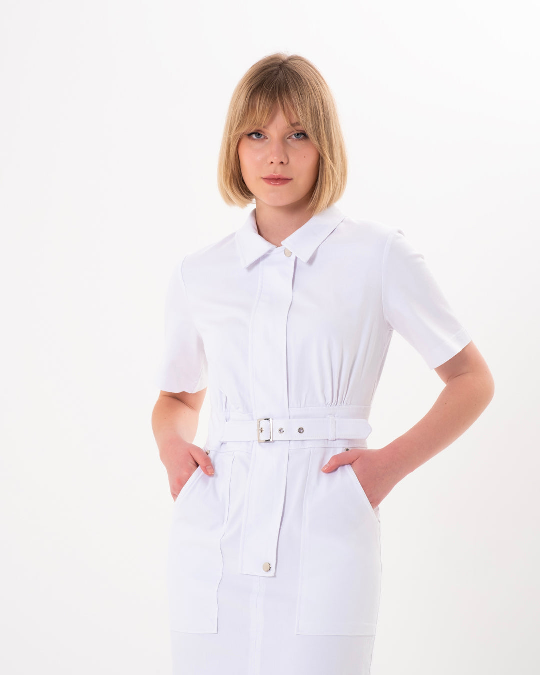 Shirt Collar, Front Pleat-Zipper, Self-Belt at Waist, Short Sleeve Dress