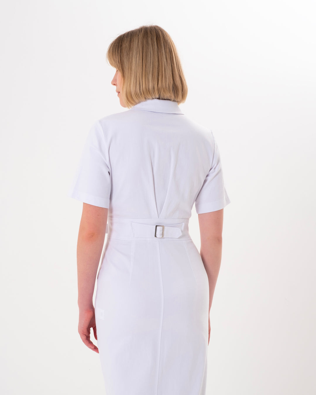 Shirt Collar, Front Pleat-Zipper, Self-Belt at Waist, Short Sleeve Dress