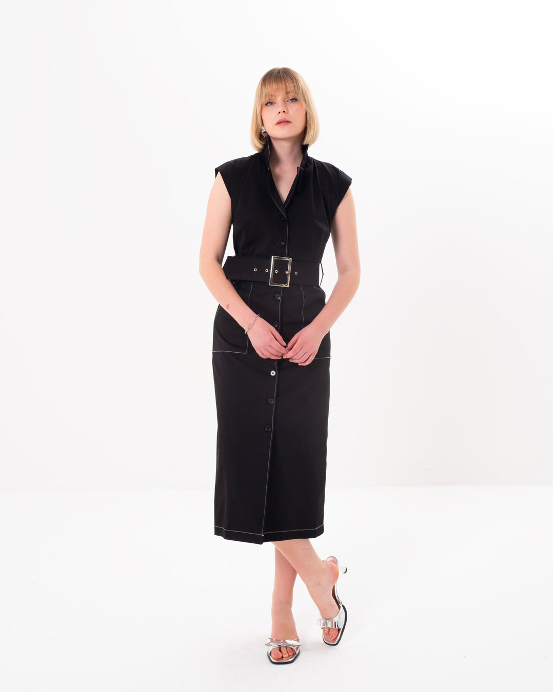 Sleeveless Dress with Button Detail on the Front