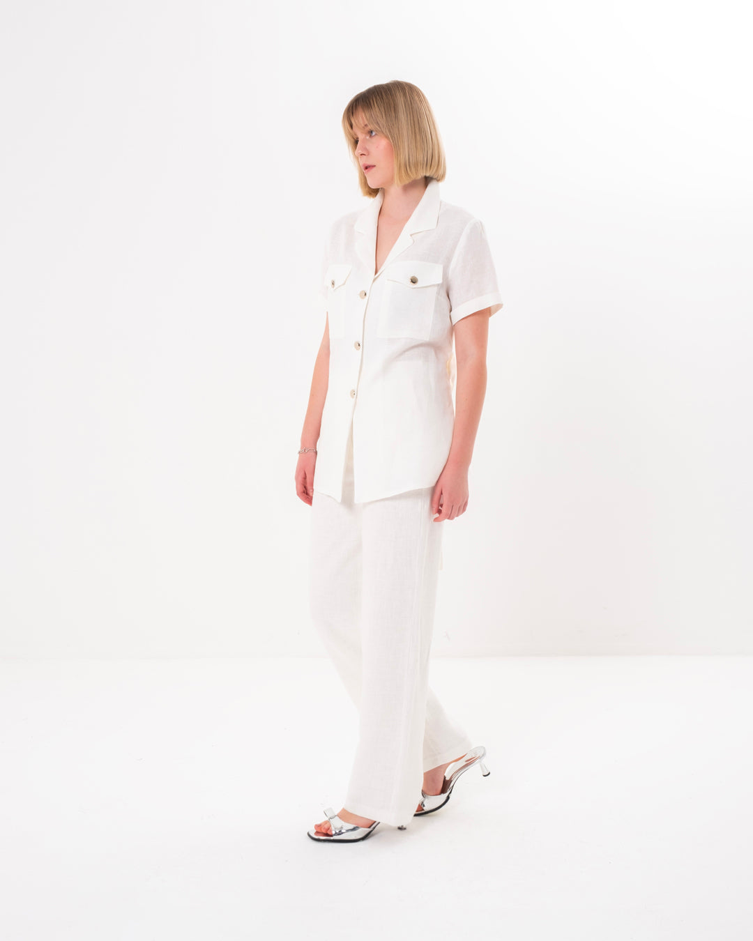 Button Detailed Belted Short Sleeve Jacket - Trouser Set