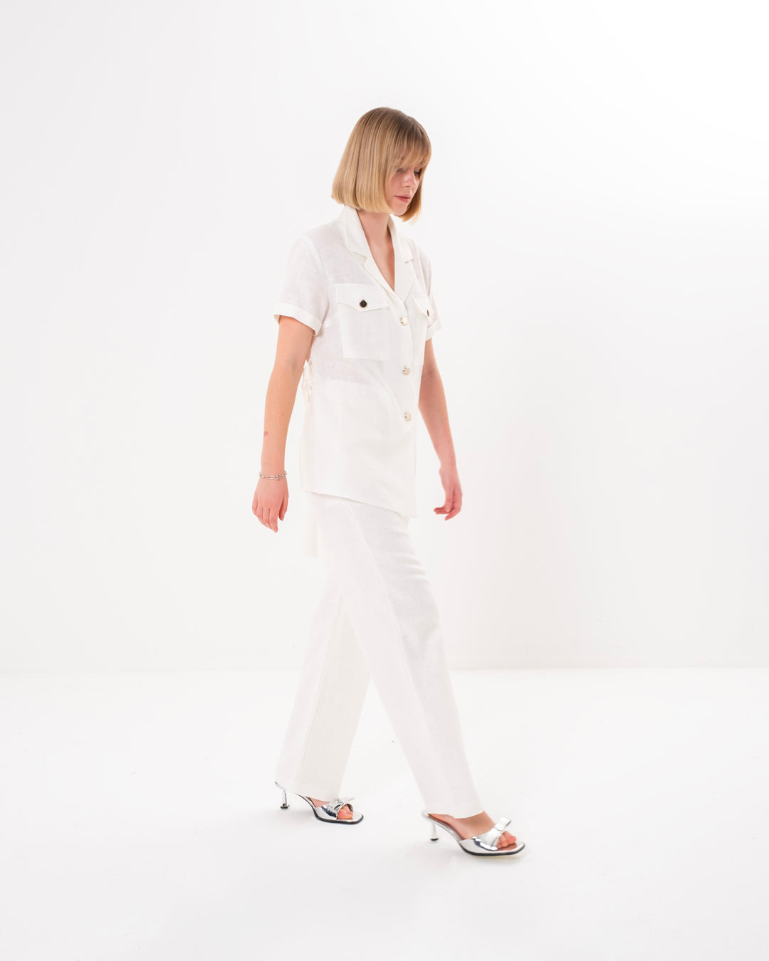 Button Detailed Belted Short Sleeve Jacket - Trouser Set