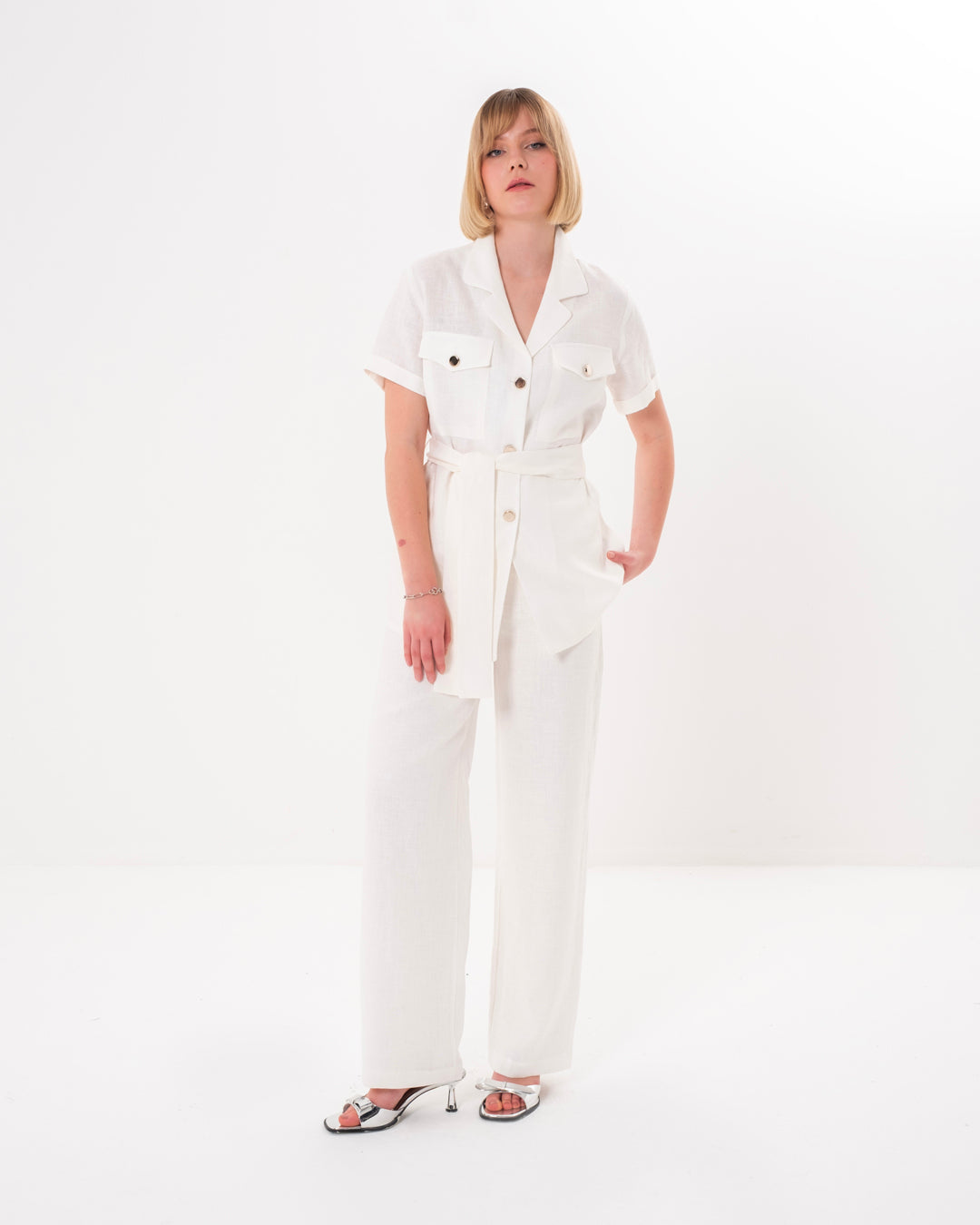 Button Detailed Belted Short Sleeve Jacket - Trouser Set