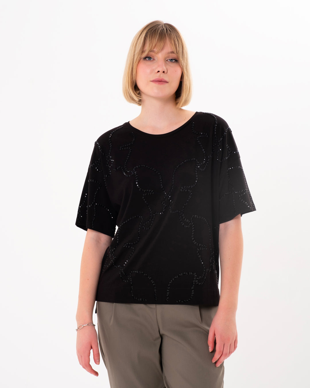 Round Neck Stone Embroidered T-Shirt