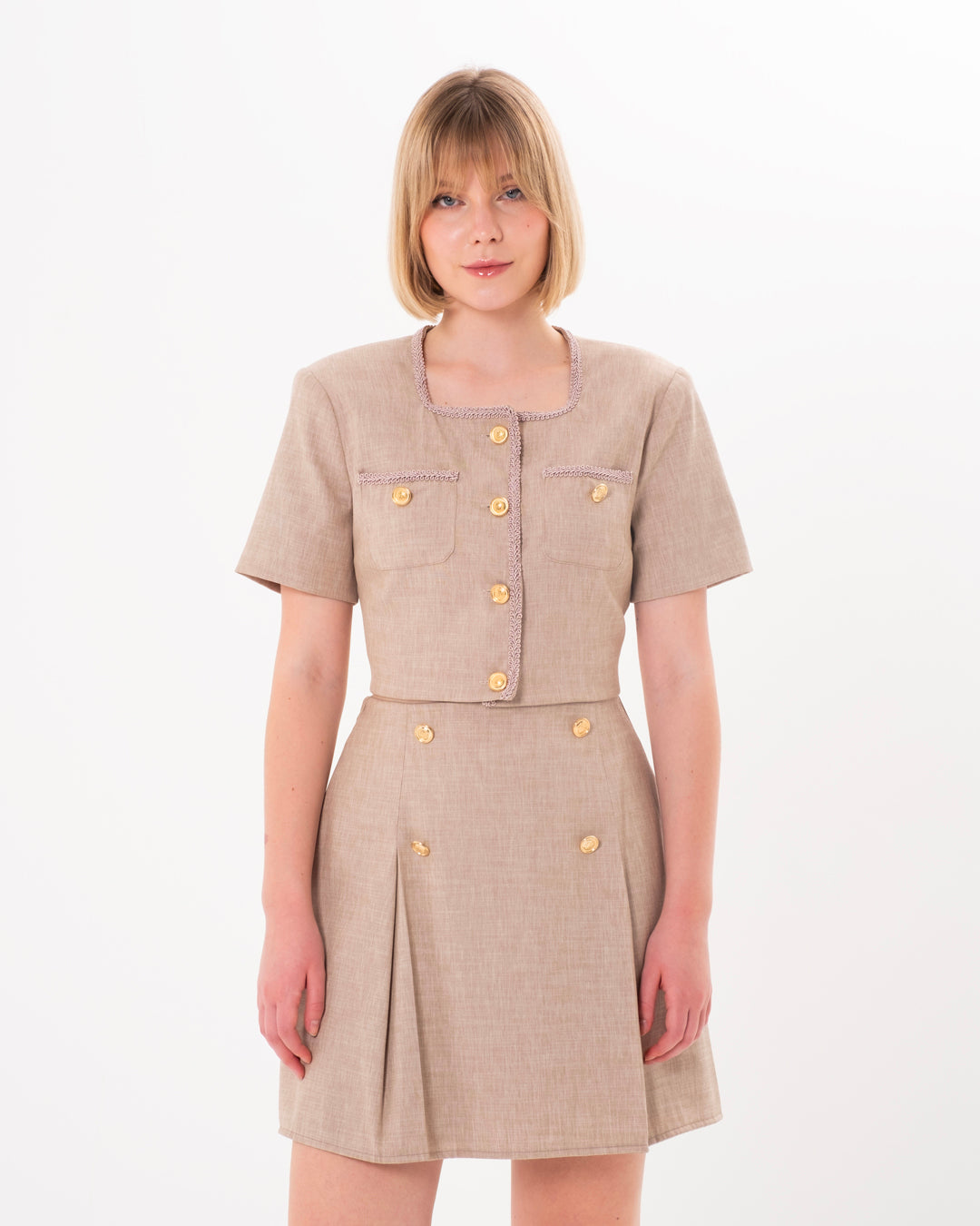 Button Detailed Crop Jacket-Skirt Set with Embroidered Collar