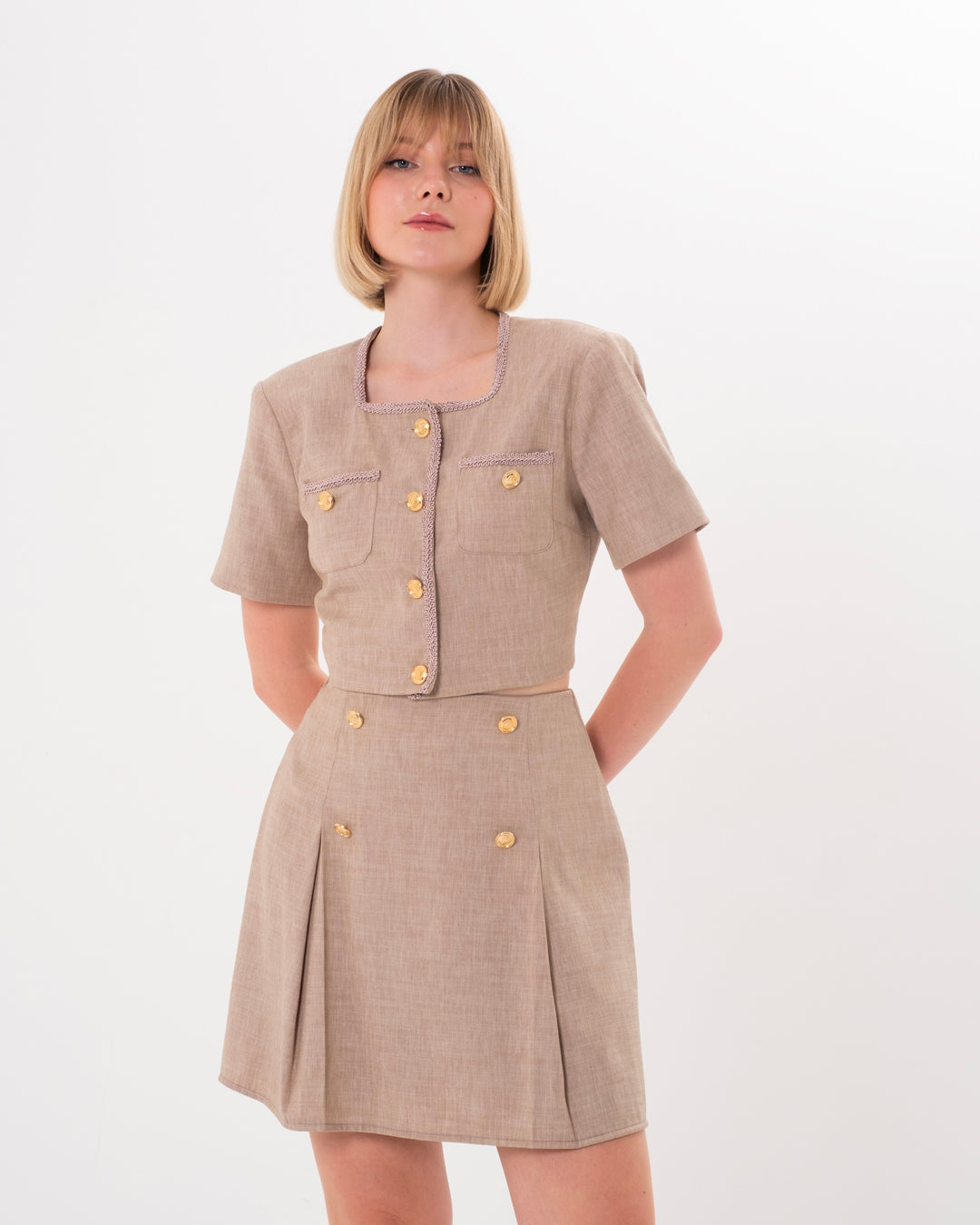Button Detailed Crop Jacket-Skirt Set with Embroidered Collar
