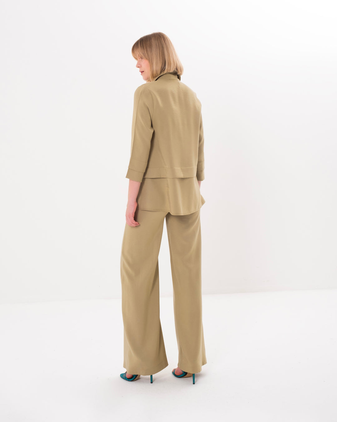 Shirt Collar Front Buttoned Blouse-Pants Set