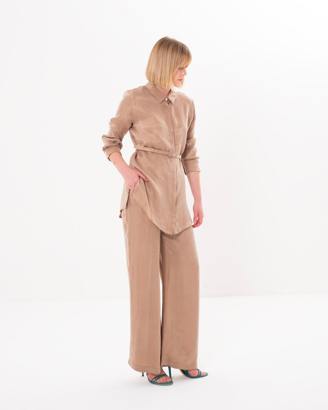 Buttoned Front Belted Shirt - Elastic Waist Trouser Set