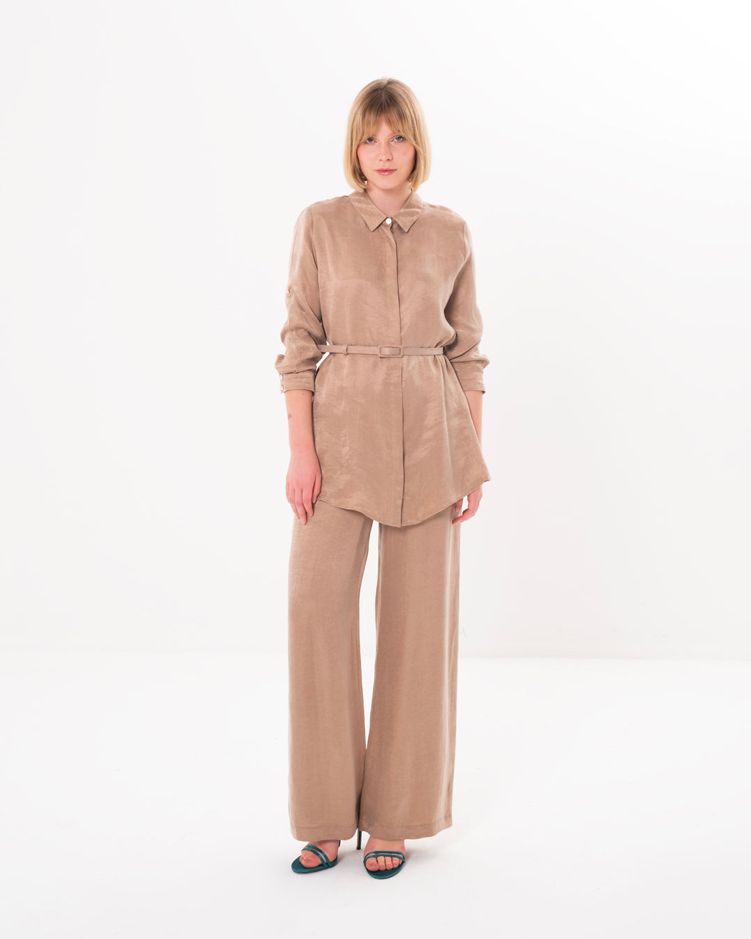 Buttoned Front Belted Shirt - Elastic Waist Trouser Set