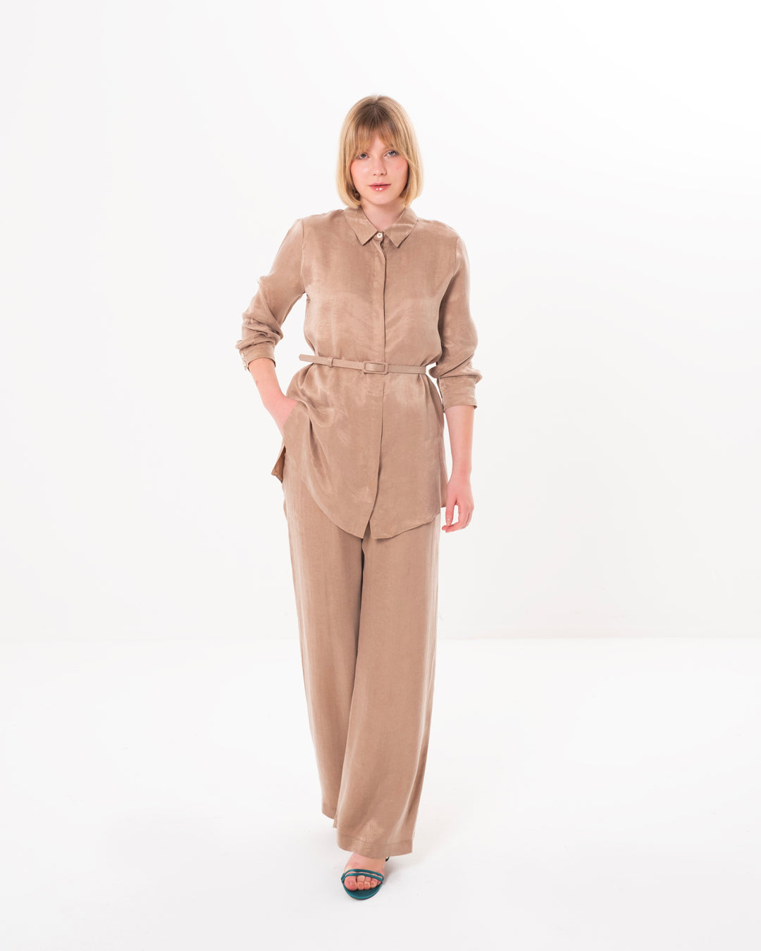 Buttoned Front Belted Shirt - Elastic Waist Trouser Set